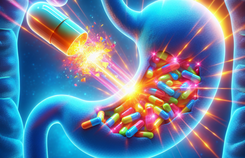 Vibrantly colored capsule disintegrating inside stomach, releasing radiant light beams representing brain's response signals for eating regulation