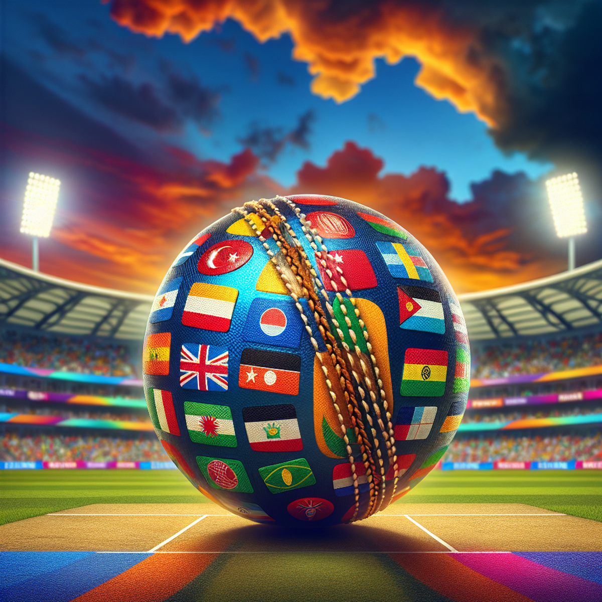A cricket ball with flags and colors of different countries for the ICC Men’s T20 World Cup